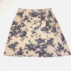 Talbots Wrap Skirt Women 10 Beige Blue Floral Linen Blend Toile A-Line